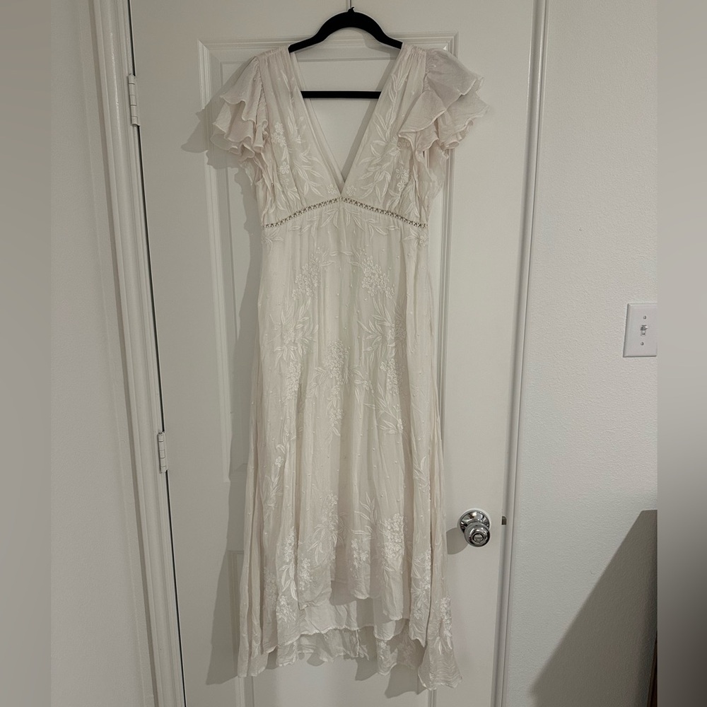 ANTHROPOLOGIE white embroidered V neck Maxi dress!